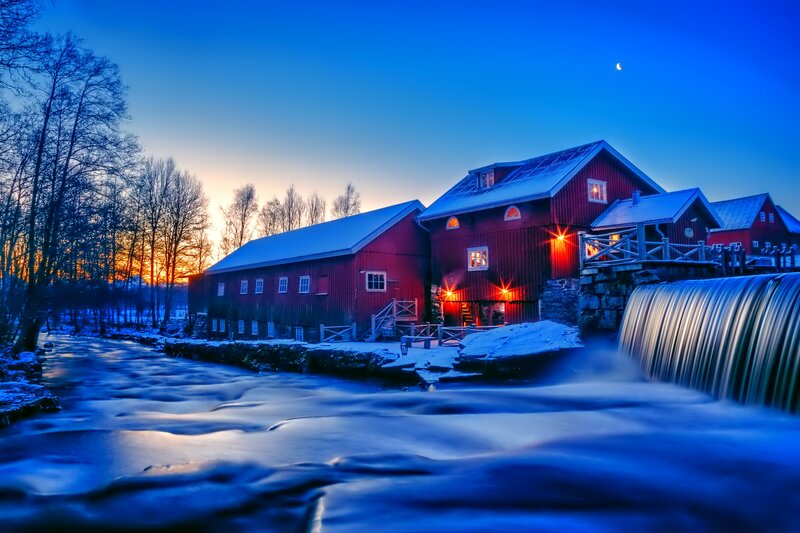 Red Mill by River — Blue