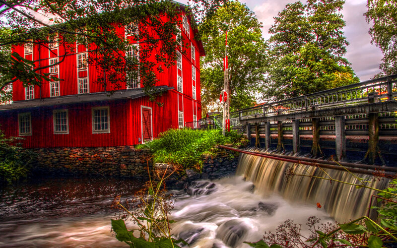 Red Mill by River — Dramatic