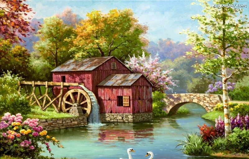 Red Mill by River — Green, Serene, Autumn