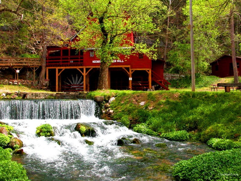 Red Mill by River — Green, Serene, Spring
