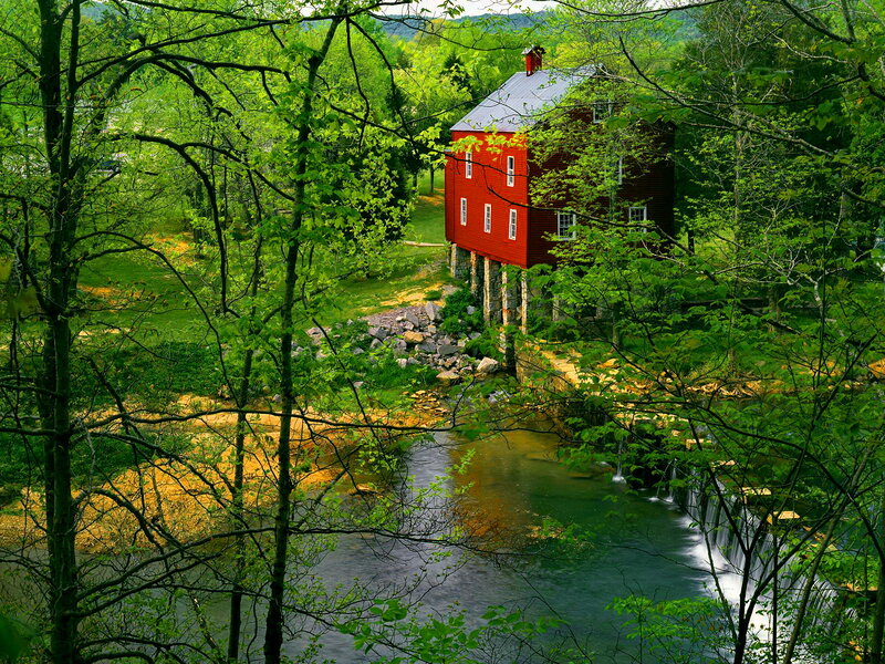 Red Mill by River — Green, Serene