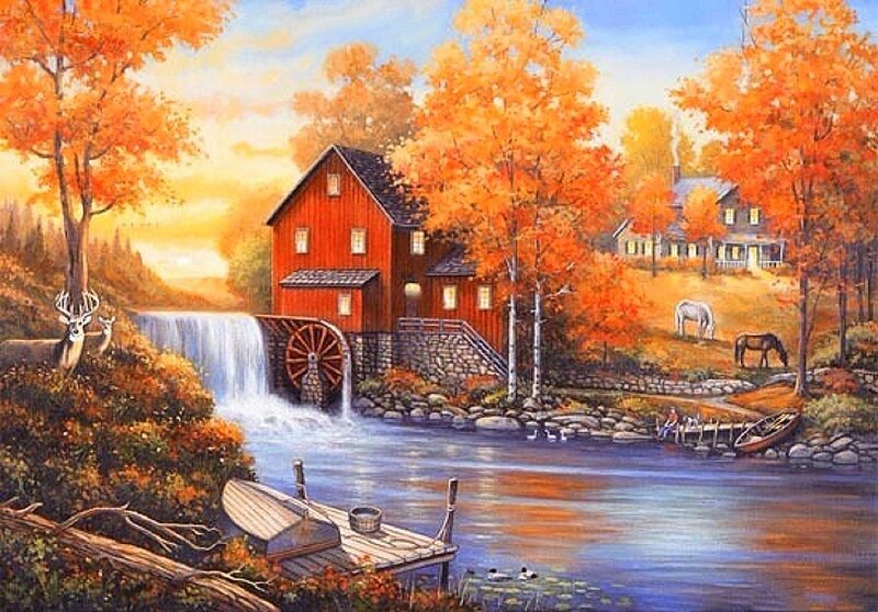 Red Mill by River — Orange, Serene