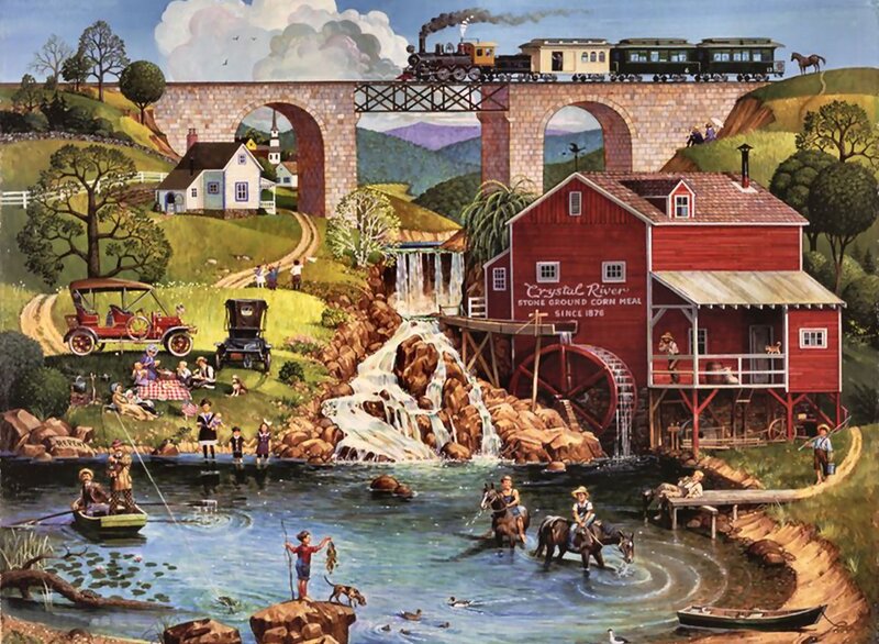 Red Mill by River — Peaceful, Afternoon