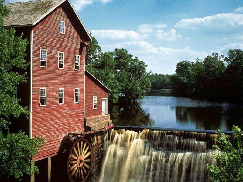 Red Mill by River — Serene, Afternoon