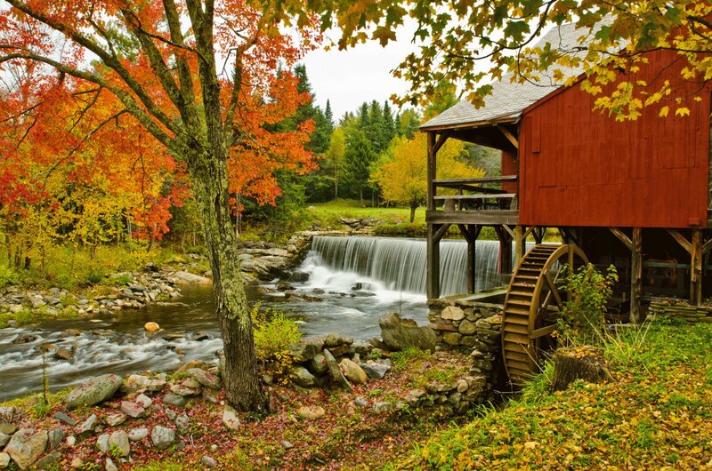 Red Mill by River — Serene, Autumn, Photograph, Fall Foliage
