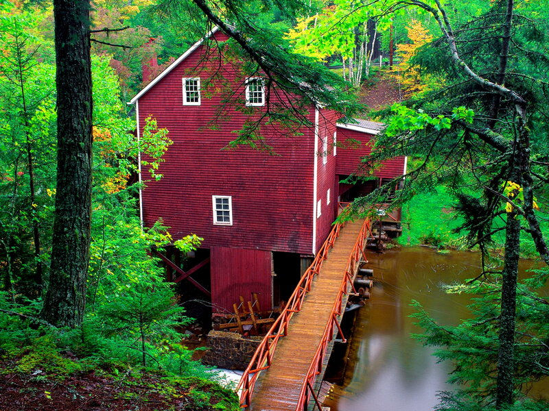 Red Mill by River — Serene, Autumn, Photograph