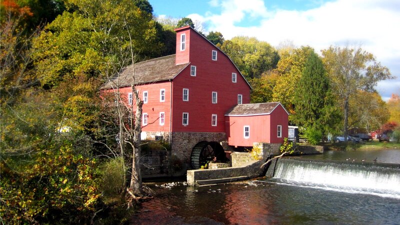 Red Mill by River — Serene, Autumn, Photograph, Trees