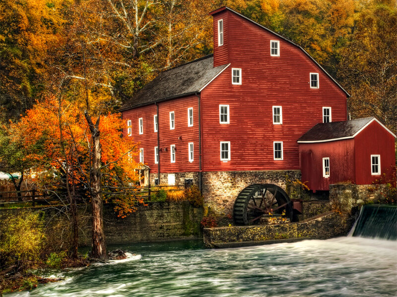 Red Mill by River — Serene, Autumn