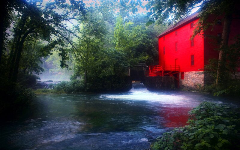 Red Mill by River — Serene, Morning