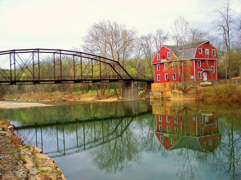 Red Mill by River — Serene, Spring, Photograph