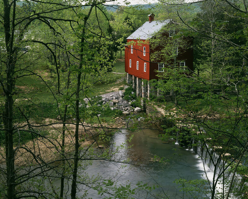 Red Mill by River — Serene, Spring, Photograph, Trees