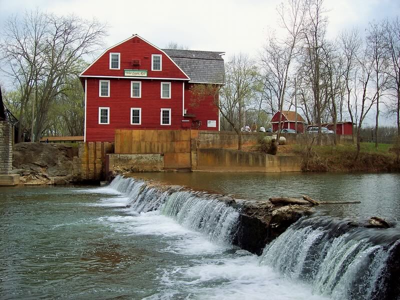 Red Mill by River — Serene, Spring