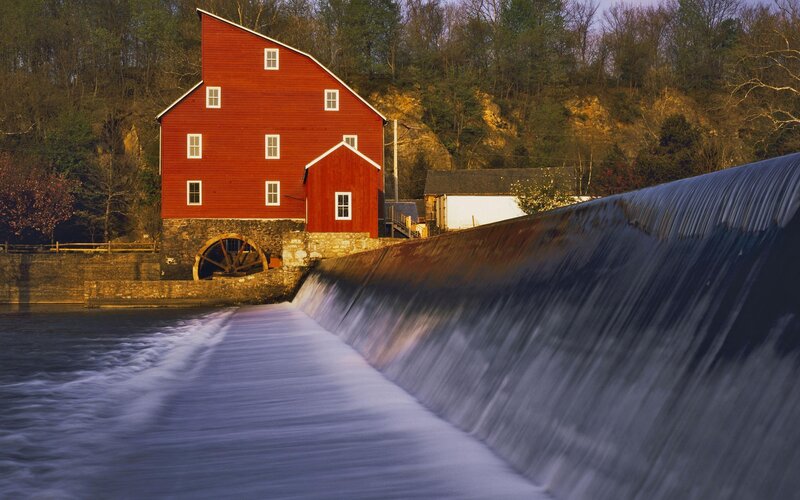 Red Mill by River — Serene, Sunset, Photograph