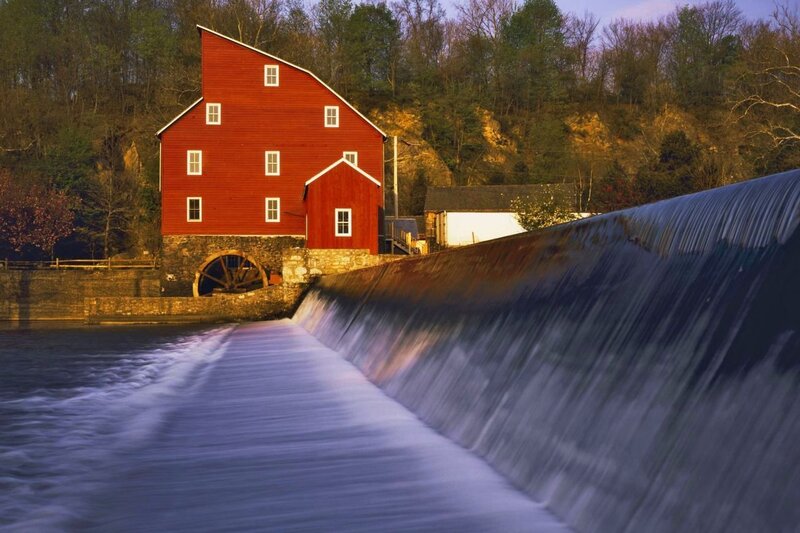 Red Mill by River — Serene, Sunset