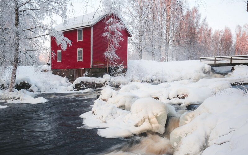 Red Mill by River — Serene, Winter