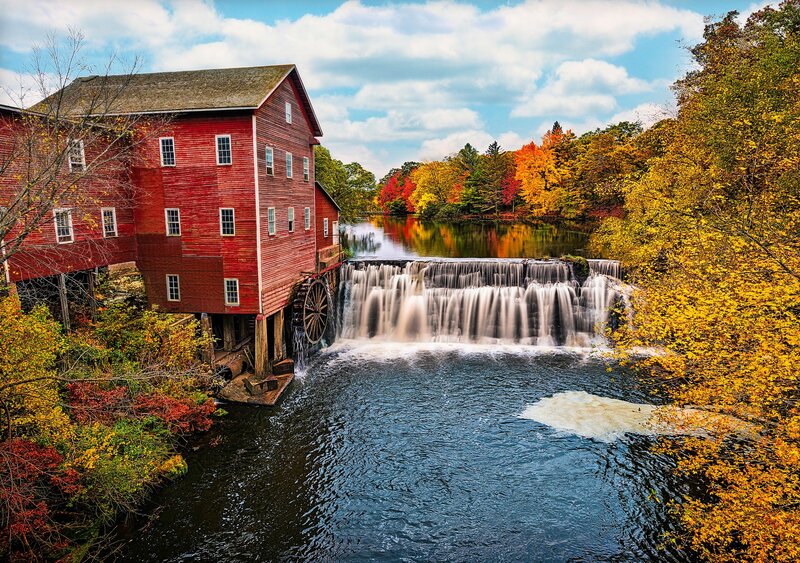 Red Mill by Waterfall — Serene, Autumn, Photograph, River
