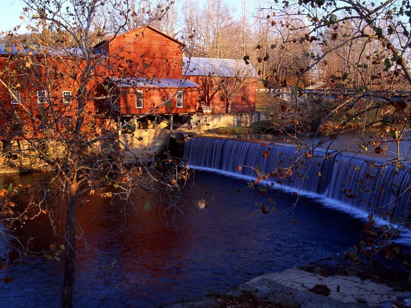 Red Mill by Waterfall — Serene, Autumn, Photograph, River, Trees, Dam
