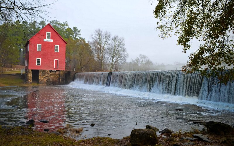Red Mill by Waterfall — Serene, Autumn, Photograph