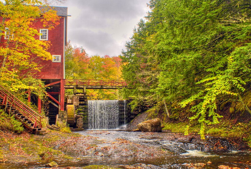 Red Mill by Waterfall — Serene, Autumn