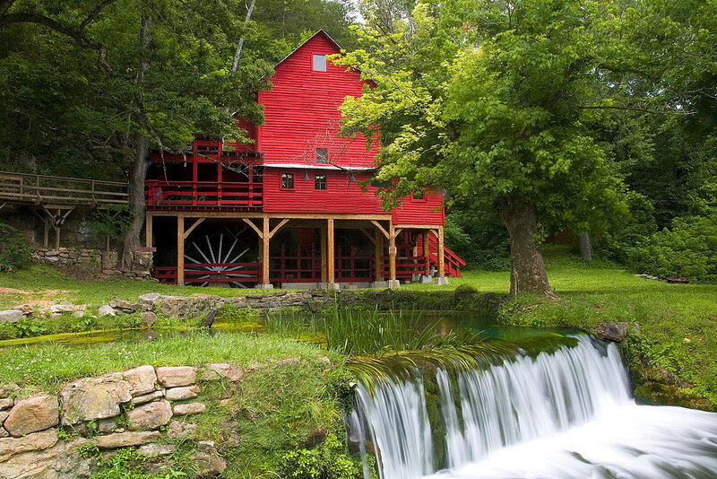 Red Mill by Waterfall — Serene