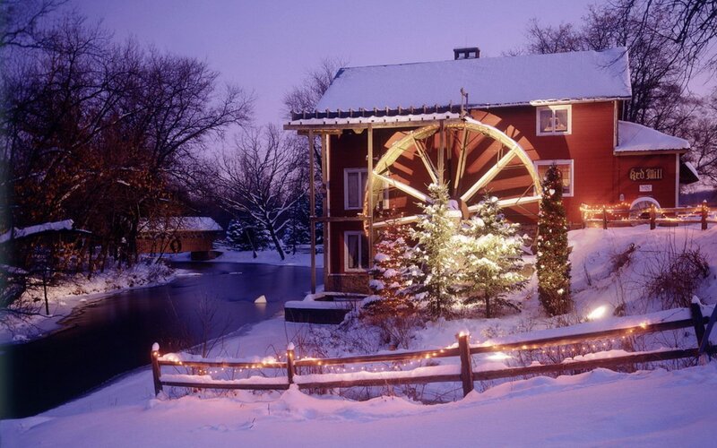 Red Mill with Waterwheel — Serene, Winter