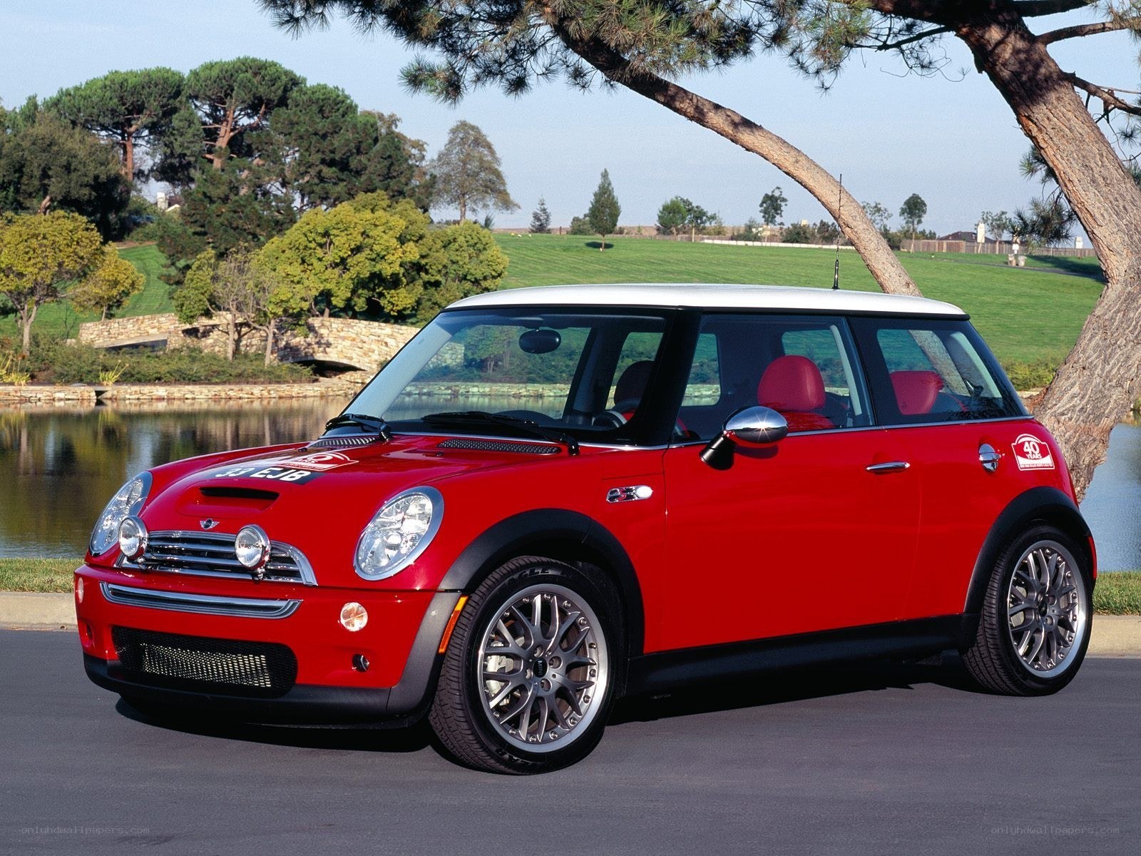 Red Mini Cooper by a lake