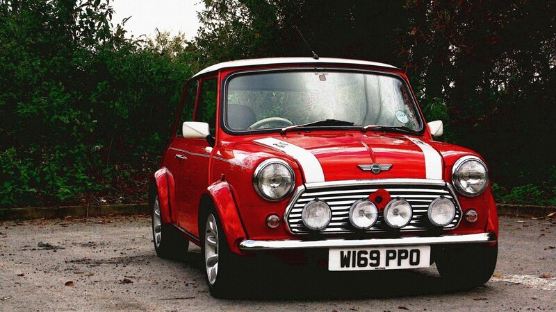 Red Mini Cooper Car — Calm, Photograph, Trees