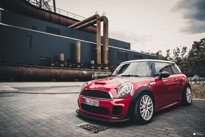 Red Mini Cooper Car — Dramatic, Afternoon
