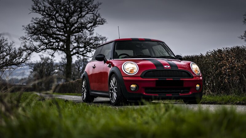 Red Mini Cooper Car — Dramatic, Autumn, Photograph