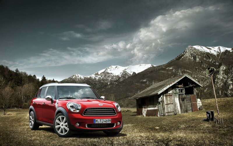 Red Mini Cooper Car — Dramatic, Photograph, Mountain
