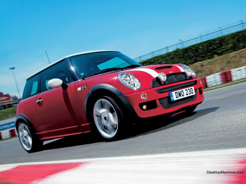 Red Mini Cooper Car — Dynamic, Afternoon, Photograph, Race Track, White Stripes