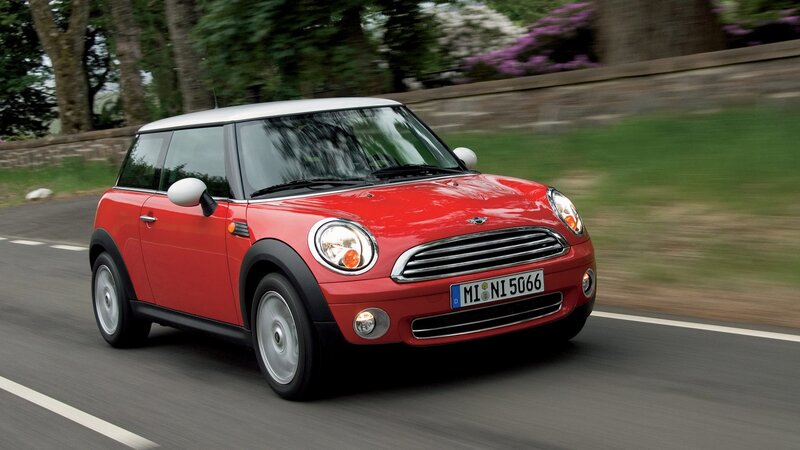 Red Mini Cooper Car — Dynamic, Afternoon, Photograph, Road, Trees, Black, White, Mi Ni 5066