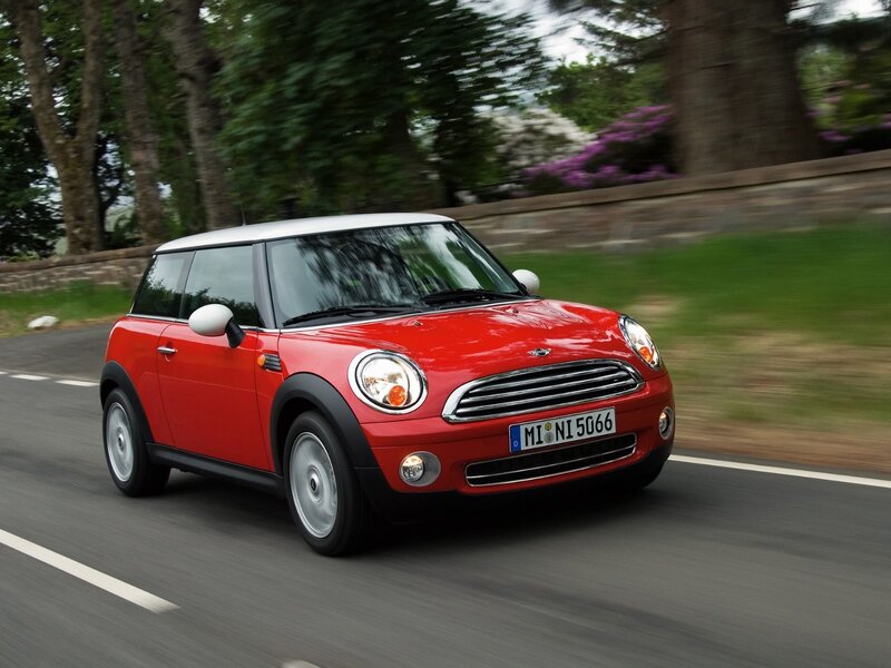 Red Mini Cooper Car — Dynamic, Afternoon, Photograph, Road, Trees, Grass