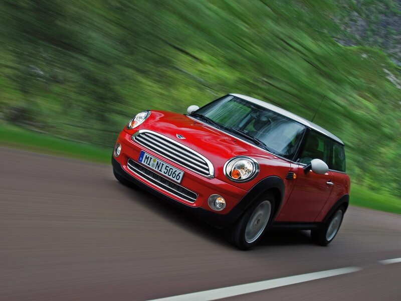 Red Mini Cooper Car — Dynamic, Afternoon, Photograph, Road, Trees, Green