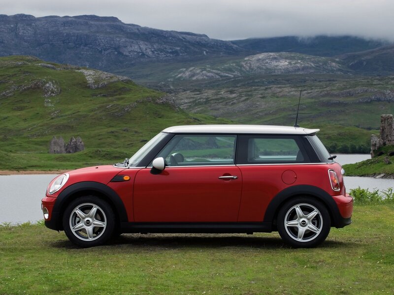 Red Mini Cooper Car — Serene, Afternoon, Photograph, Mountains