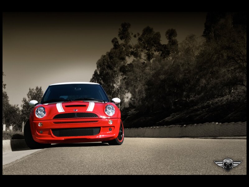 Red Mini Cooper on a road