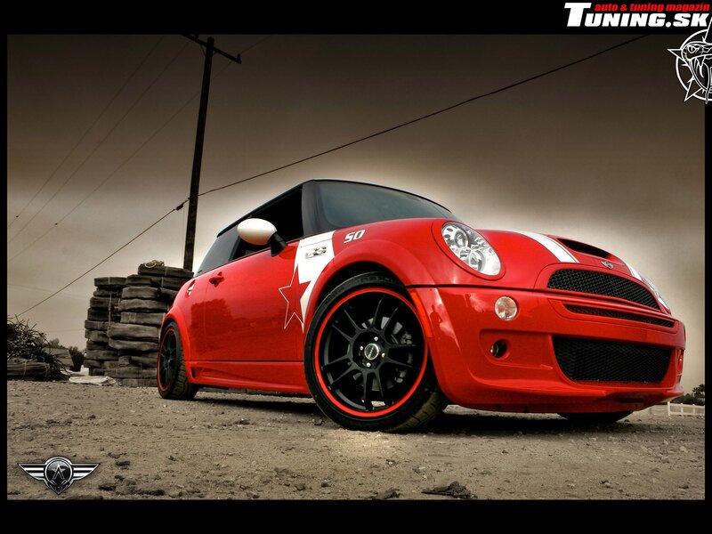 Red Mini Cooper with racing decals