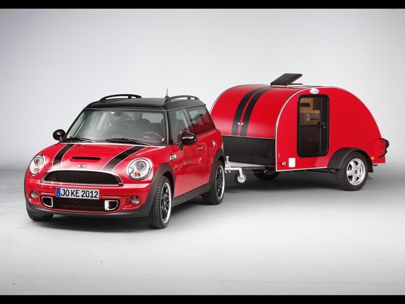 Red Mini Cooper with trailer