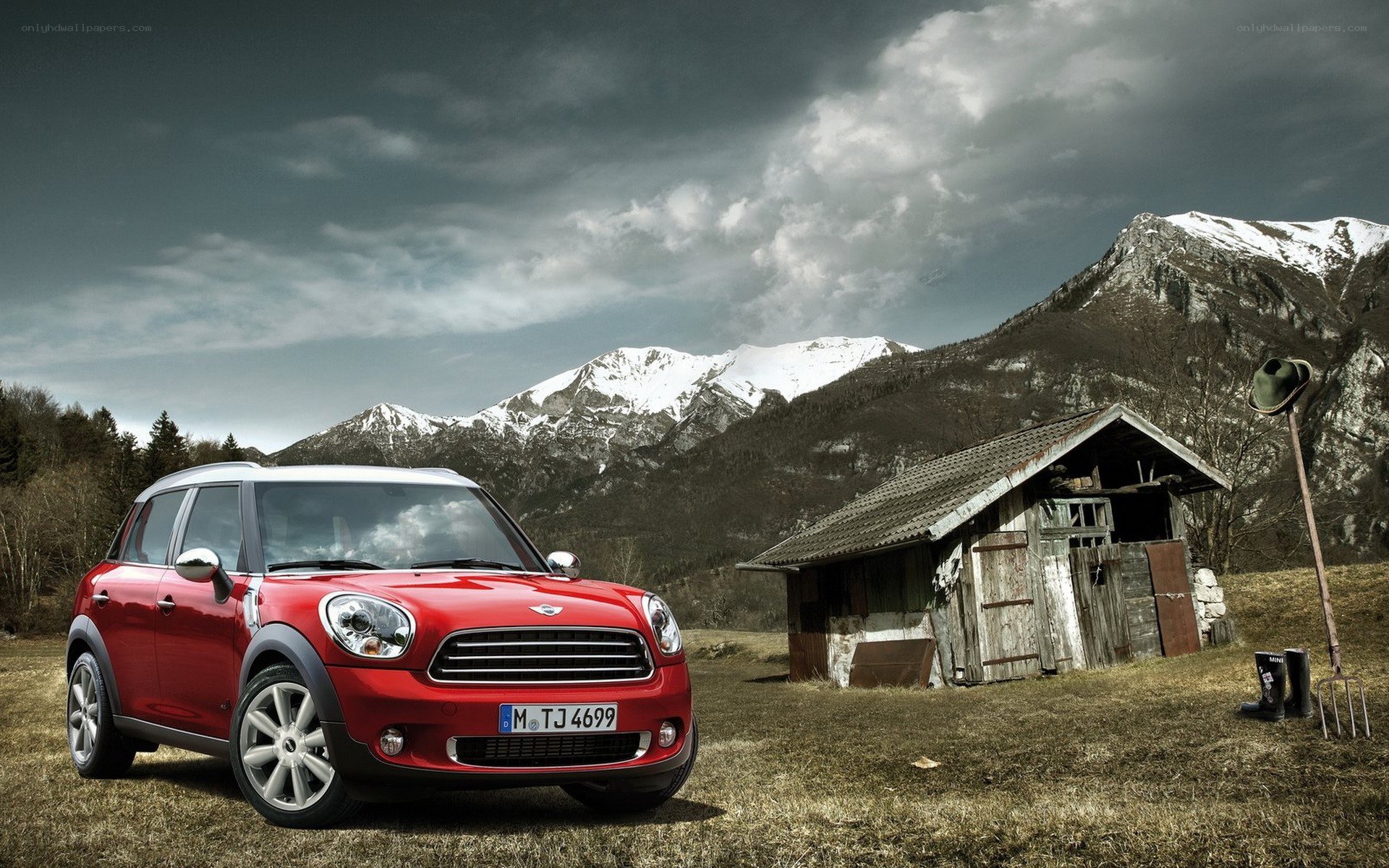 Red Mini Countryman in mountain landscape