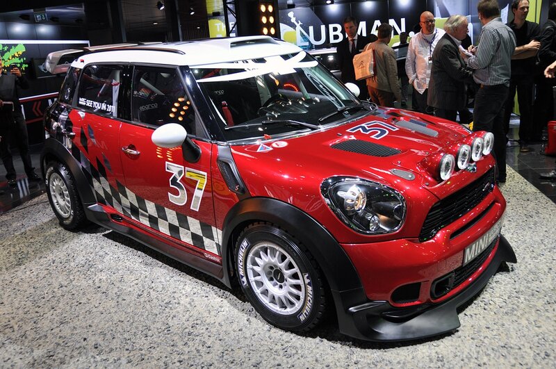 Red MINI rally car on display