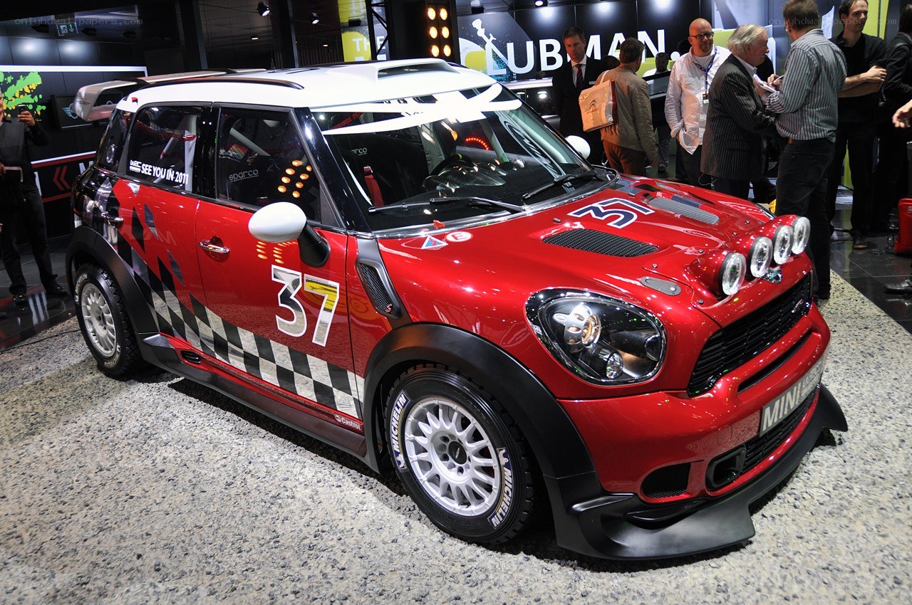 Red MINI rally car on display