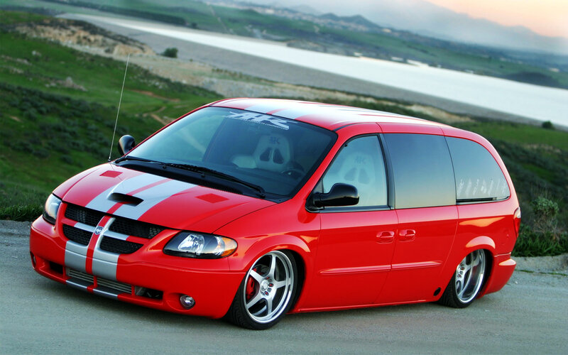 red minivan with racing stripes