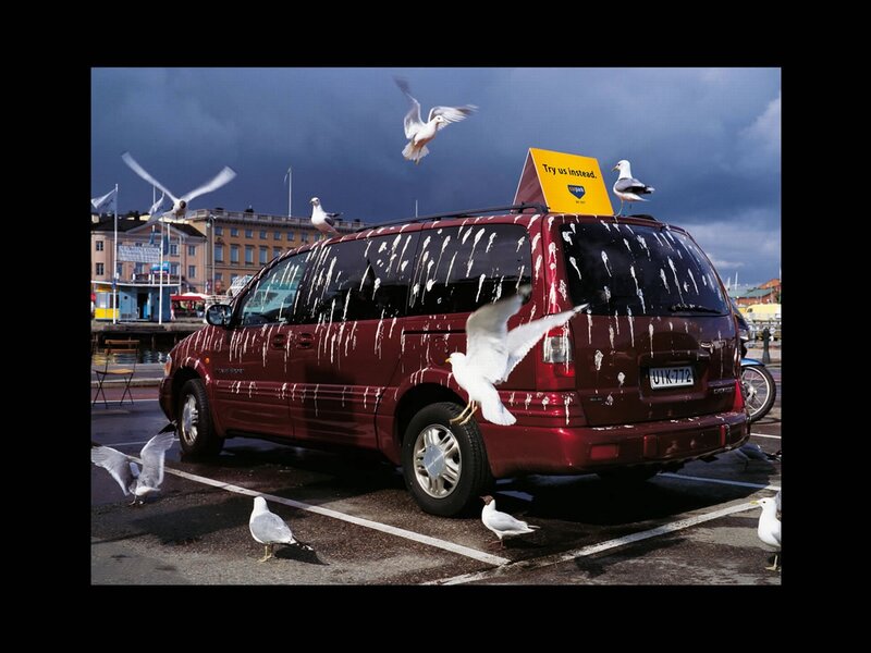 Red Minivan with Seagulls