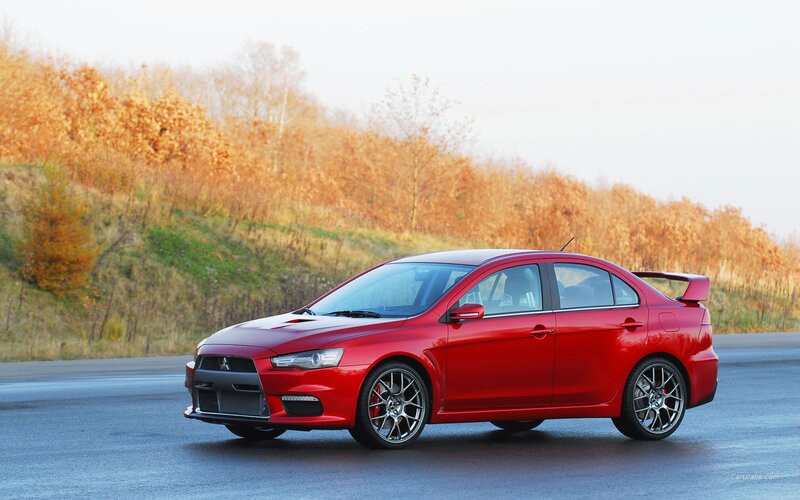 Red Mitsubishi Lancer — Calm, Autumn, Photograph, Car, Road, Trees
