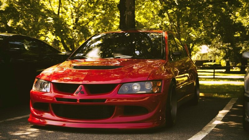 Red Mitsubishi Lancer — Dramatic, Afternoon, Photograph, Car, Trees, Parking Lot