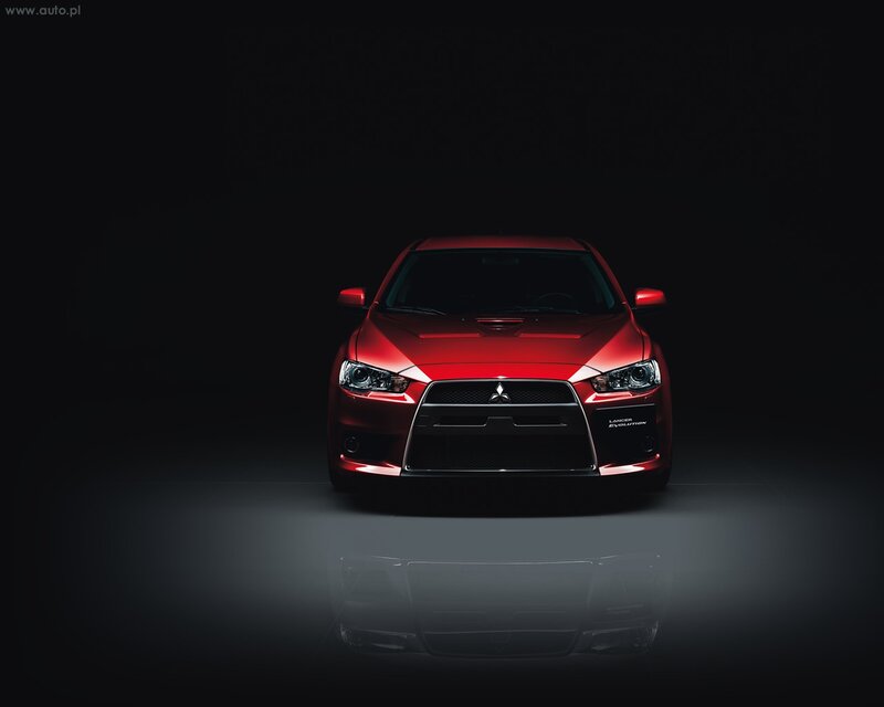 Red Mitsubishi Lancer — Dramatic, Photograph, Car, Headlights, Grille