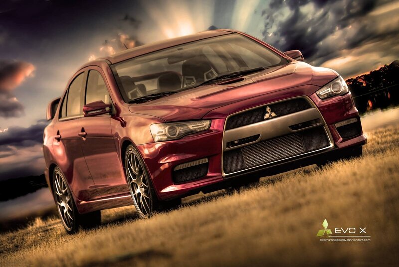 Red Mitsubishi Lancer — Dramatic, Sunset, Digital Art, Car, Grass, Sky