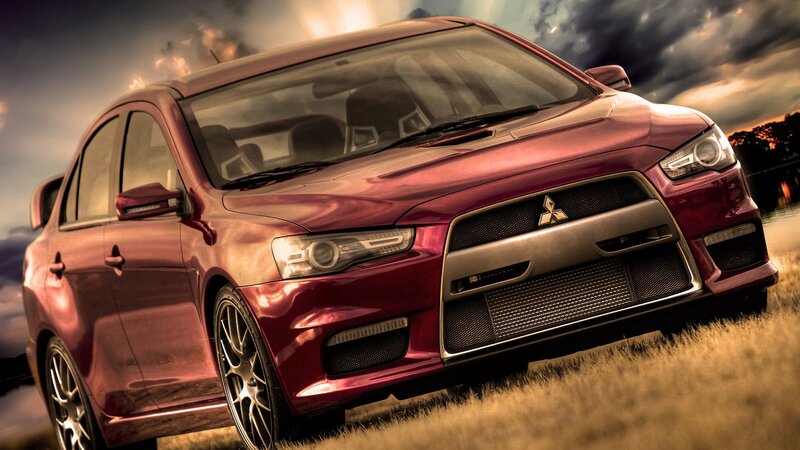Red Mitsubishi Lancer — Dramatic, Sunset, Photograph