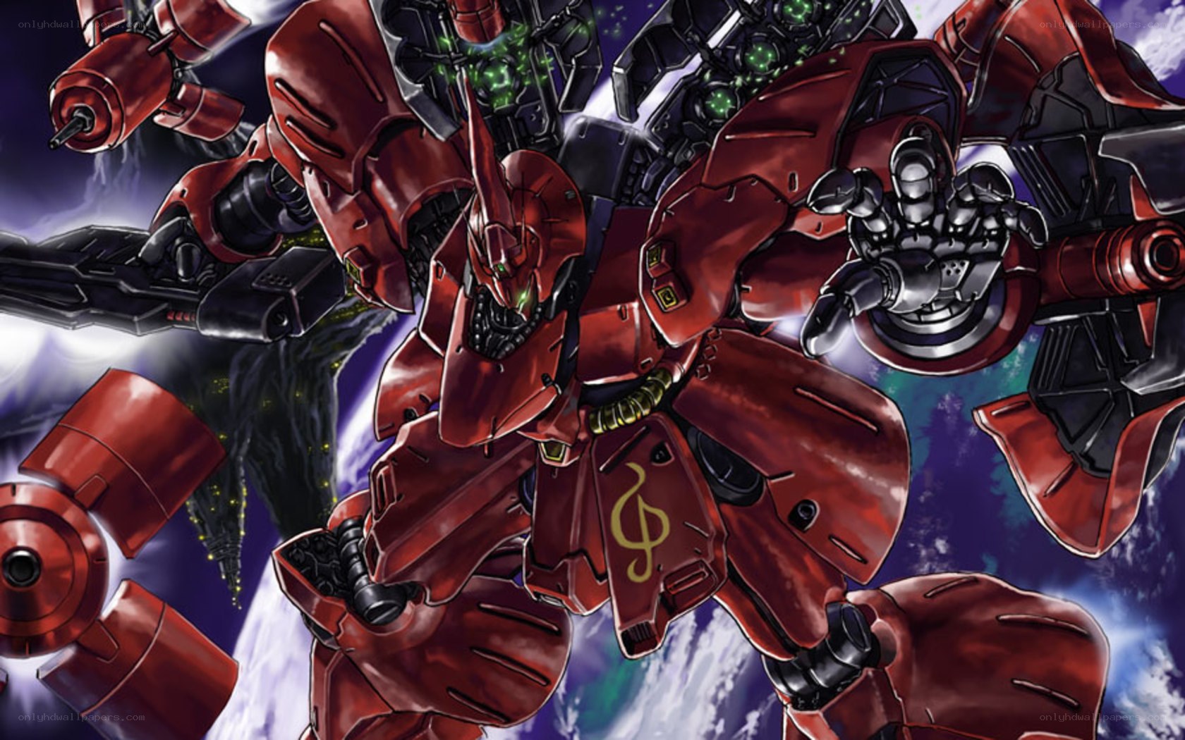 Red mobile suit in battle