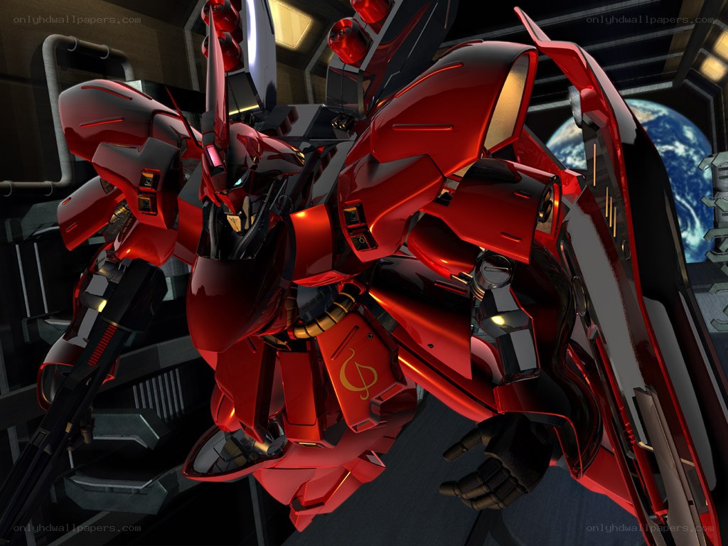 Red mobile suit in space hangar